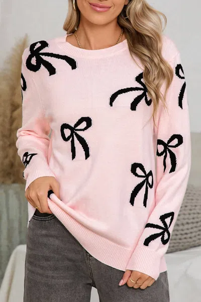 Shewin Bow Print Sweater In Light Pink