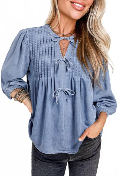 Shewin Bow Tie Puff Sleeve Top In Chambray In Blue