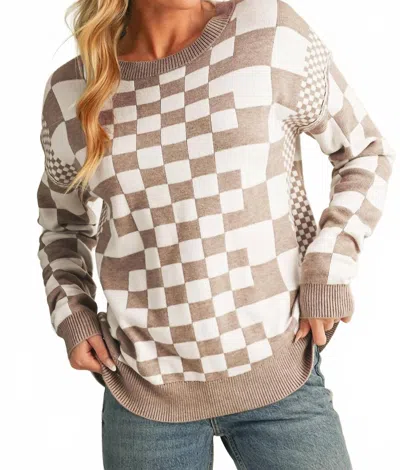Shewin Checkered Drop Shoulder Round Neck Sweater In Khaki In Multi