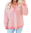 Shewin Collared V Neck Drop Shoulder Top In Pink Stripe In Pink
