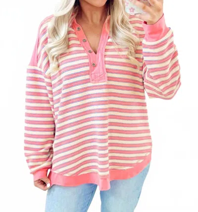 Shewin Collared V Neck Drop Shoulder Top In Pink Stripe