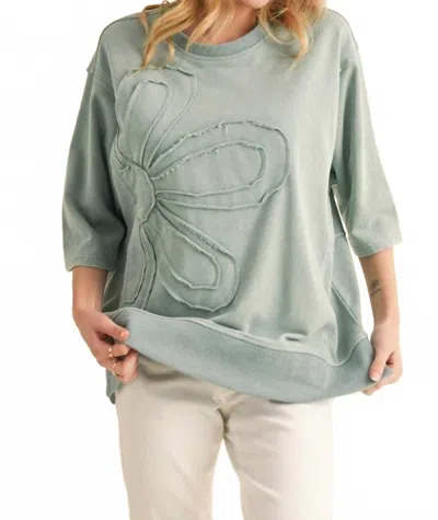 Shewin Color Terry Knit Top With Flower Front In Sage In Green