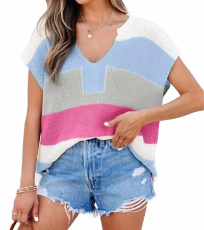 Shewin Colorblock Notch V-neck Sweater In Light Blue In Multi
