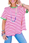 Shewin Contrast Trim Crew Neck Knit Tee In Rose Stripe In Multi