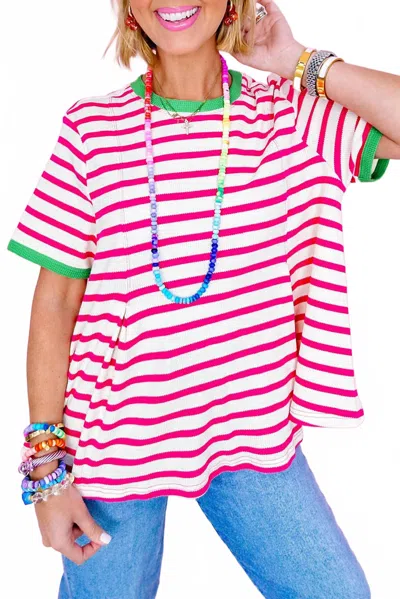 Shewin Contrast Trim Crew Neck Knit Tee In Rose Stripe In Multi