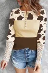 Shewin Cow Lace Long Sleeve Top In Brown In Brown