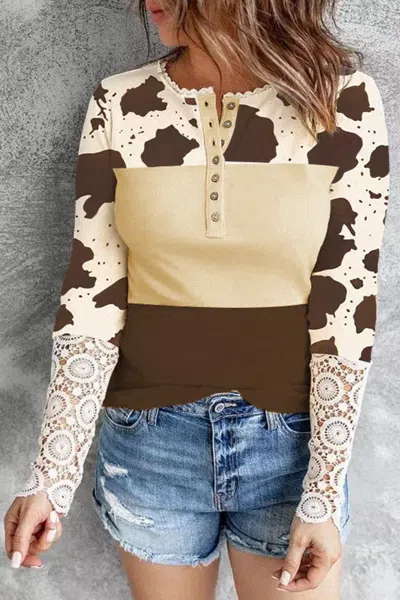 Shewin Cow Lace Long Sleeve Top In Brown