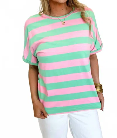 Shewin Cuffed Sleeve Tee In Pink Stripe