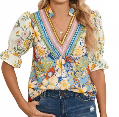 Shewin Daphne Retro 70's Floral Top In Multi Blue