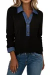 Shewin Denim Patchwork Top In Black In Black