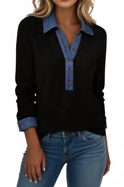 Shewin Denim Patchwork Top In Black