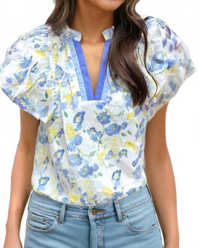 Shewin Edie Floral Print Top In Multi Blue