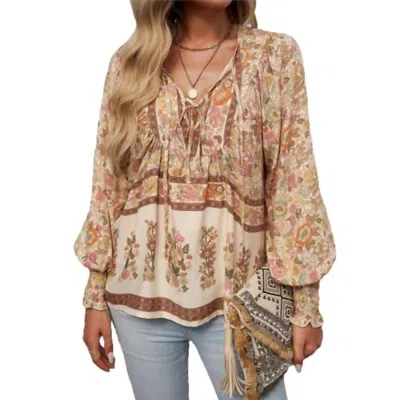 Shewin Floral Bohemia Long Sleeve V-neck Top In Brown In Neutral