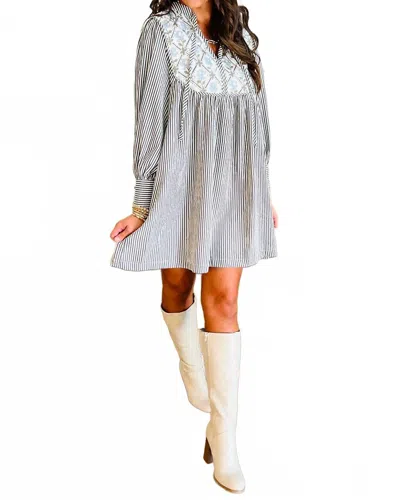 Shewin Floral Patchwork Long Sleeve Mini Dress In Black