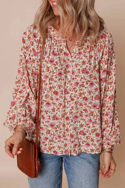 Shewin Floral Print Pleated Detail Notched Neck Puff Sleeve Blouse In Red In Pink
