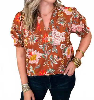 Shewin Floral V-neck Top In Brown