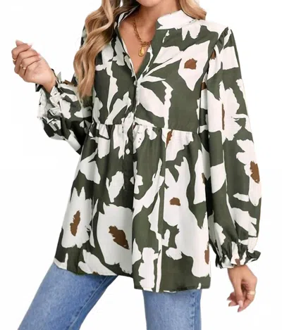 Shewin Flower Frill Neck Loose Blouse In Four Leaf Clover In Multi
