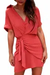 Shewin Inc. Buttoned Neckline Mini Dress In Watermelon In Pink