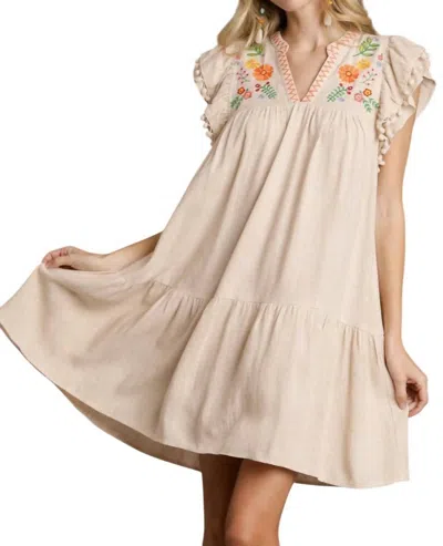 Shewin Inc. Flower Power Embroidered Ruffle Dress In Beige Linen In Multi