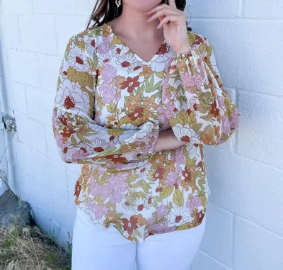 Shewin Inc. Heather Floral V Neck Blouse In Yellow Multi In Blue