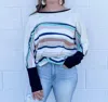 Shewin Inc. Kate Striped Wide Neck Top In Multi In Blue