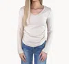 Shewin Inc. Ribbed V Neck Long Sleeve Top In Apricot In Gold