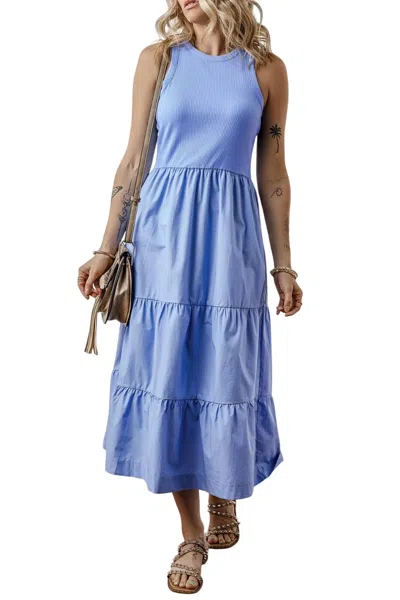 Shewin Inc. Ribbed Vest Patchwork Tiered Midi Dress In Blue