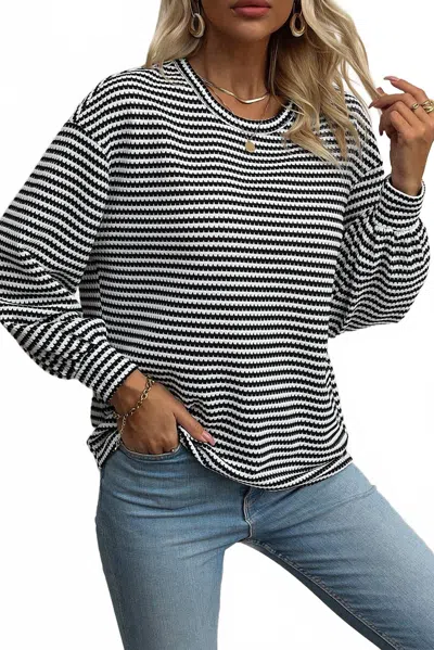 Shewin Inc. Striped Drop Shoulder Knit Top - Plus In Black Striped In Multi