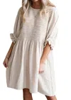 Shewin Inc. Textured Ruffled Puff Sleeve Loose Dress In White In White