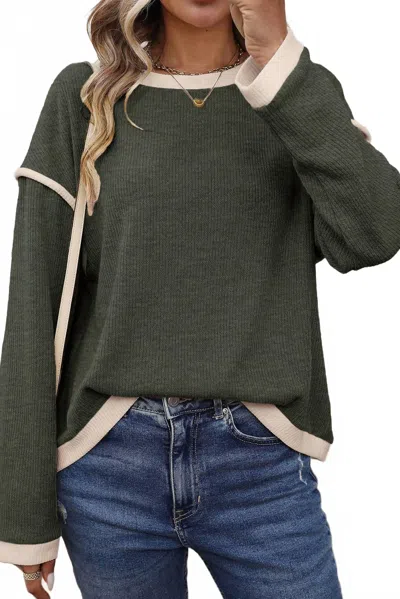 Shewin Knit With Contrast Trim Top - Plus In Olive Green