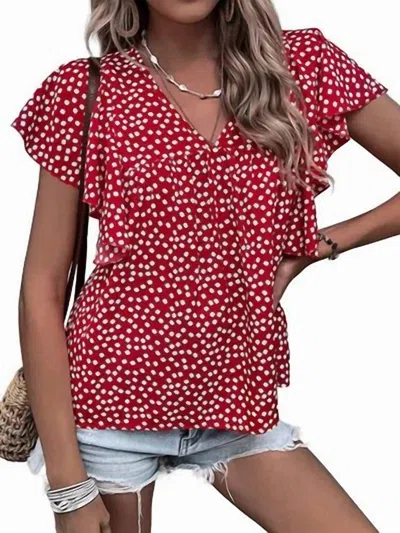 Shewin Lauren Floral Flutter Sleeve Top In Red