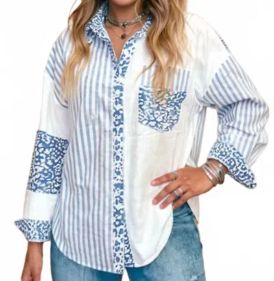 Shewin Leopard Striped Patchwork Button Up Shirt In Sky Blue In White