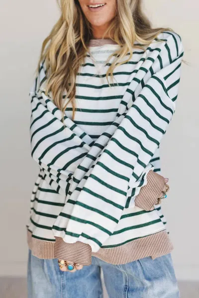 Shewin Long Sleeves Crewneck Pullover In Green/white Stripe In Multi