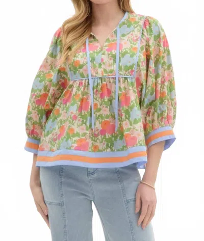 Shewin Posey Floral Puff Sleeve Blouse In Multi Green