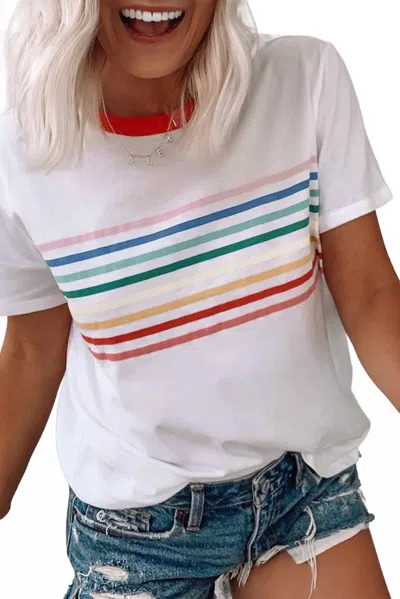Shewin Rainbow Stripe Crew Short Sleeve Tee In White In Multi