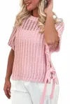 Shewin Side Tie Crochet Knit Top In Pink In Pink