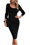 Shewin Square Neck Knit Sweater Midi Dress In Black In Black