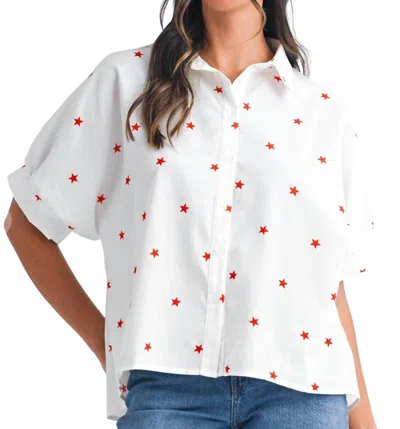 Shewin Stars Puff Sleeve Loose Shirt In White With Red Stars