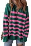 Shewin Striped Collared Quarter Zip Oversized Sweater - Plus In Green In Pink