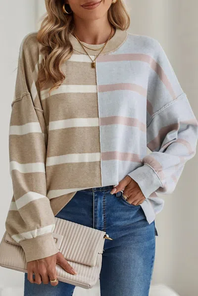 Shewin Striped Color Block Drop Shoulder Sweater In Khaki Stripe In Brown