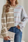 Shewin Striped Color Block Drop Shoulder Sweater In Khaki Stripe In Multi