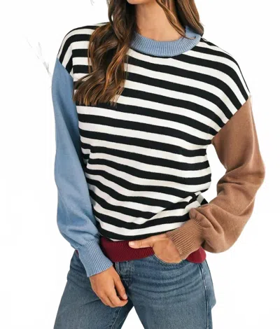 Shewin Striped Color Block Sweater In Black Stripe In White