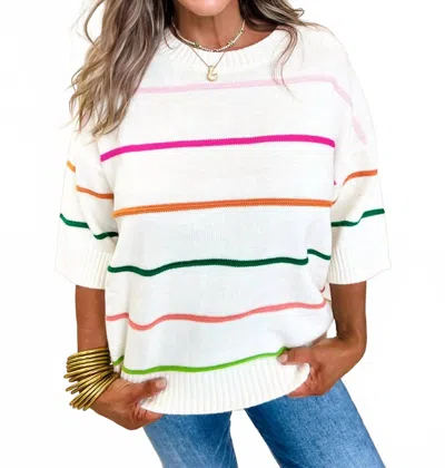 Shewin Striped Half Sleeve Drop Shoulder Sweater In White