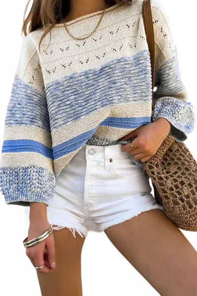 Shewin Striped Hollow Out Puff Sleeve Sweater In Light Blue In Purple