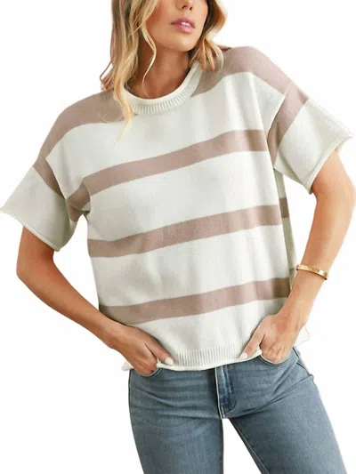 Shewin Striped Short Sleeve Sweater In Khaki