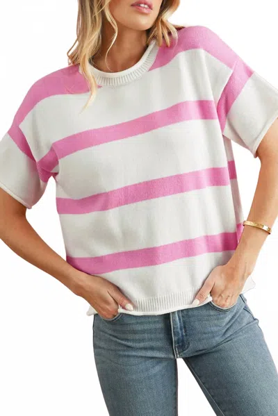 Shewin Striped Short Sleeve Sweater In Pink
