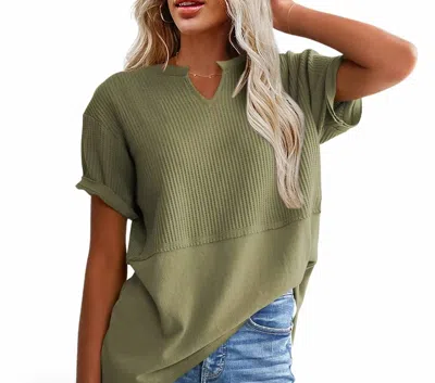 Shewin V Neck Split Top In Olive In Green
