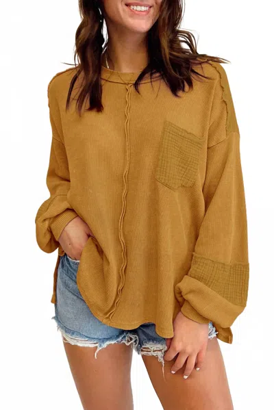 Shewin Waffle Crinkle Patchwork Long Sleeve Top In Mustard In Brown