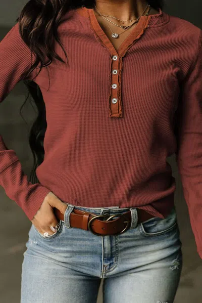 Shewin Waffle V Neck Henley Top In Rust In Multi