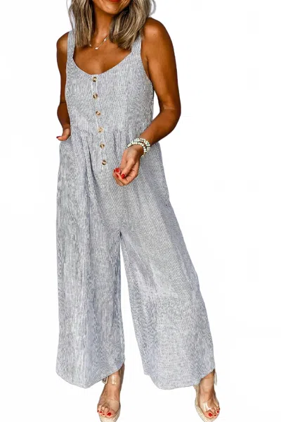 Shewin Women's Buttoned Sleeveless Wide Leg Jumpsuit In Black Stripe In Gray